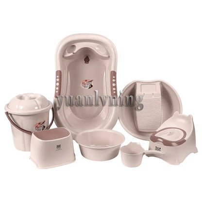 Baby Bathtub 7 Piece Set Upgraded Plastic Bath Set For Newborns Non-Slip Thickened Tub & Toddler Bath Seat Shower Products Gift